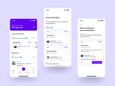 Home, Community Asks & Recommendations communitydesign communitysupport designinspiration figma helpothers mobiledesign recommendationsystem socialux uiux uxpatterns