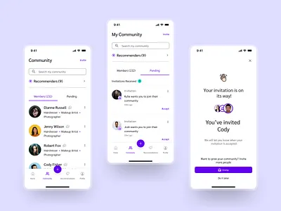 Community Members & Invites communityapp dribbbleshot figmadesign interfacedesign inviteflow mobileappui networkdesign userconnection userlistui uxui