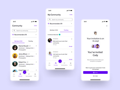 Community Members & Invites communityapp dribbbleshot figmadesign interfacedesign inviteflow mobileappui networkdesign userconnection userlistui uxui