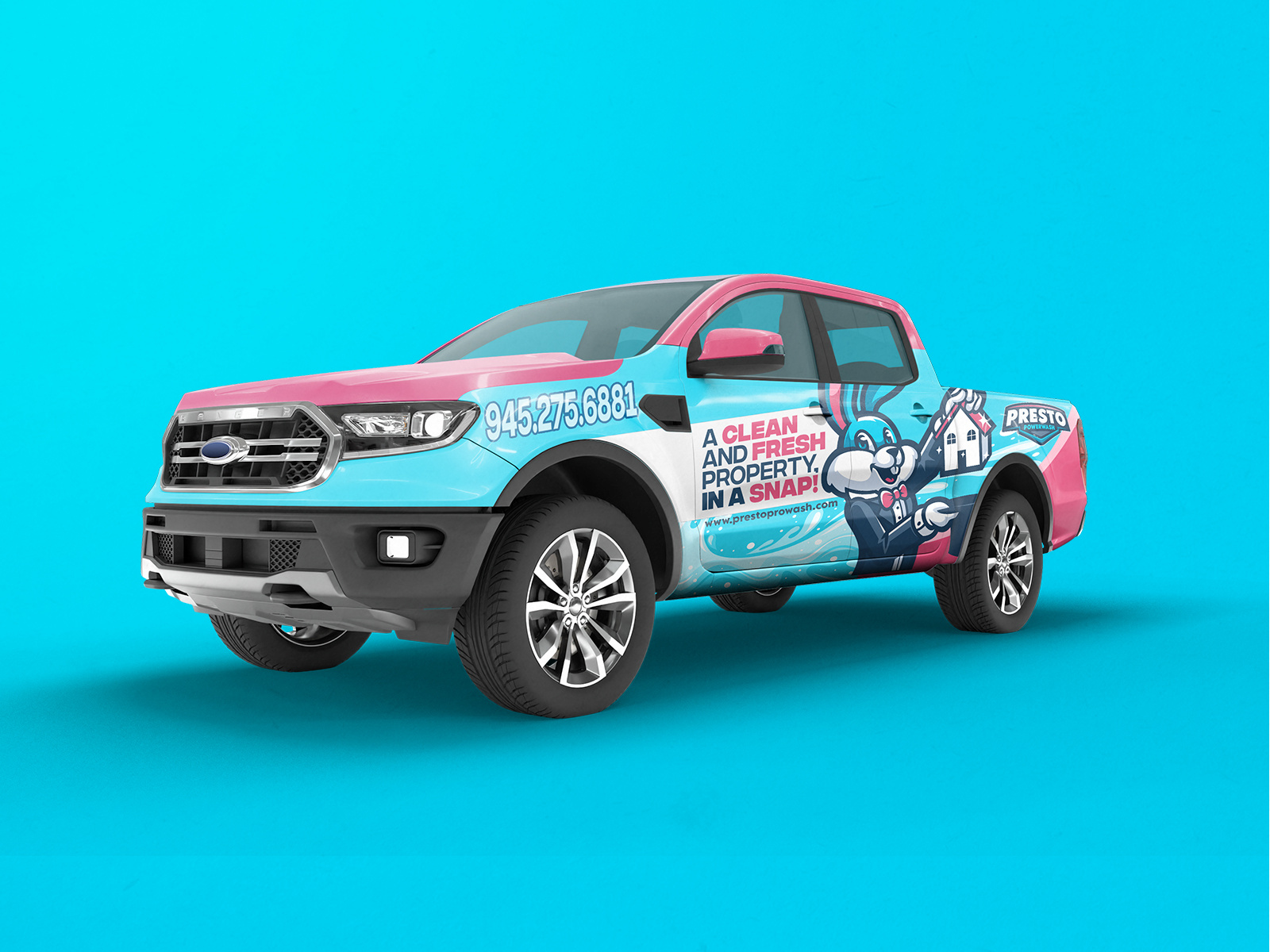 PRESTO POWERWASH Rabbit Mascot Logo animals bold branding cars cleaning cute home hvac illustration logo magician mammals rabbit service truck wash