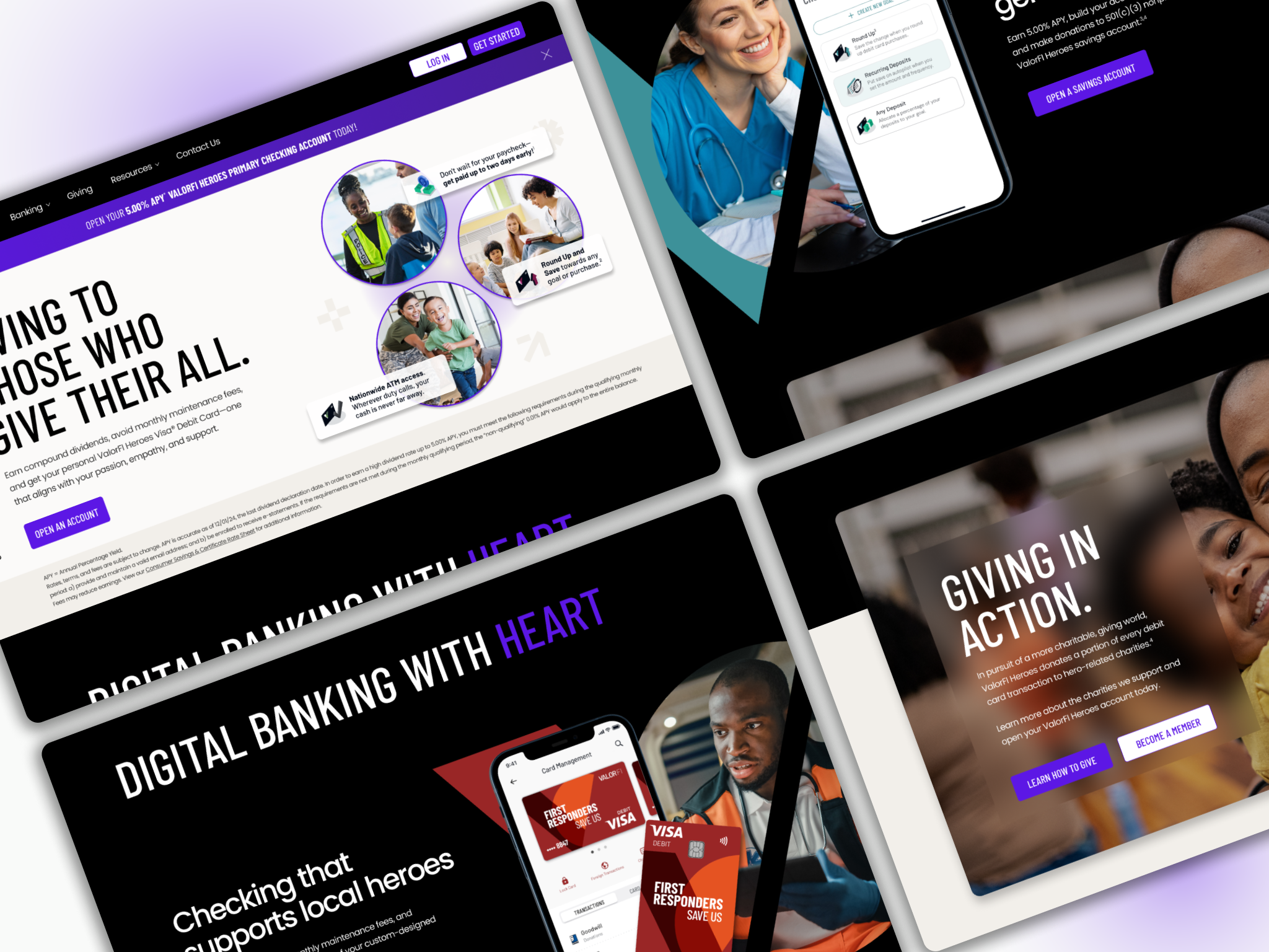 Website: ValorFI Heroes. Giving in Action. branding charity checking development digital bank educators fintech first responders giving healthcare workers heroes law enforcement market entry nymbus savings valor veterans webdesign