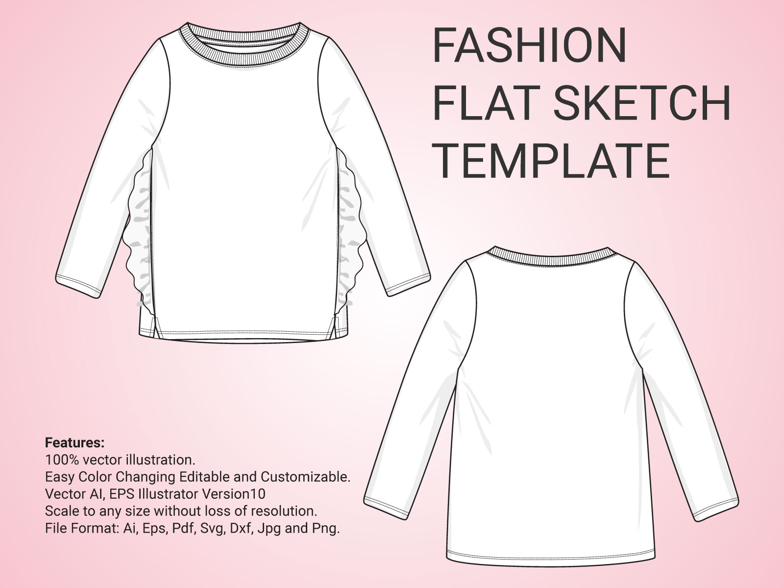 Long sleeve T shirt technical drawing fashion flat sketch vector  illustration template for women's front and back views 23845779 Vector Art  at Vecteezy