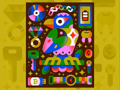 Shiny Keeper animal bird bitcoin cd chain character diamond flat freelance illustration iphone key magpie money nature teeth textures vector watch