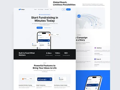 Rallyo - Crowdfunding App Website app blue branding clean crowdfunding figma graphic design investment landing page motion graphics simple ui ui design uiux ux ux design web design website white