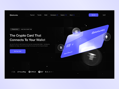 BRAVAX – Web3 Crypto Card Website 3d banking bitcoin branding crypto crypto card defi ethereum finance fintech mastercard payment solana startup ui usdt visa wallet web3 website design