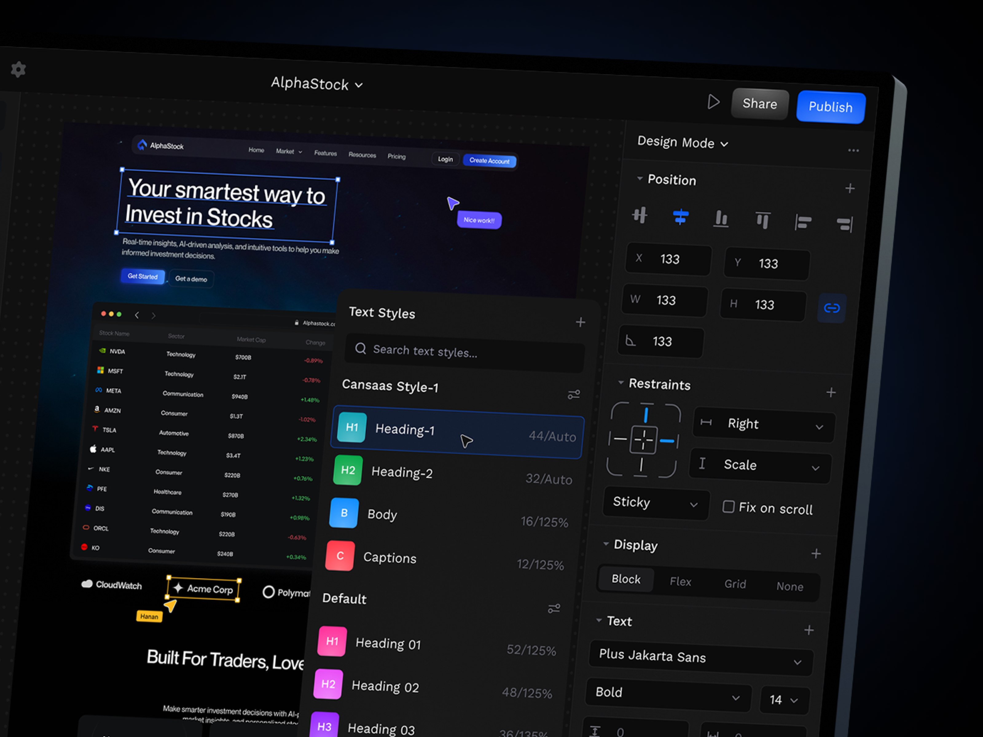 No Code Web Builder Dashboard app builder cansaas darkmode dashboard design drag and drop interface modern design no code page builder product design saas ui ux web builder