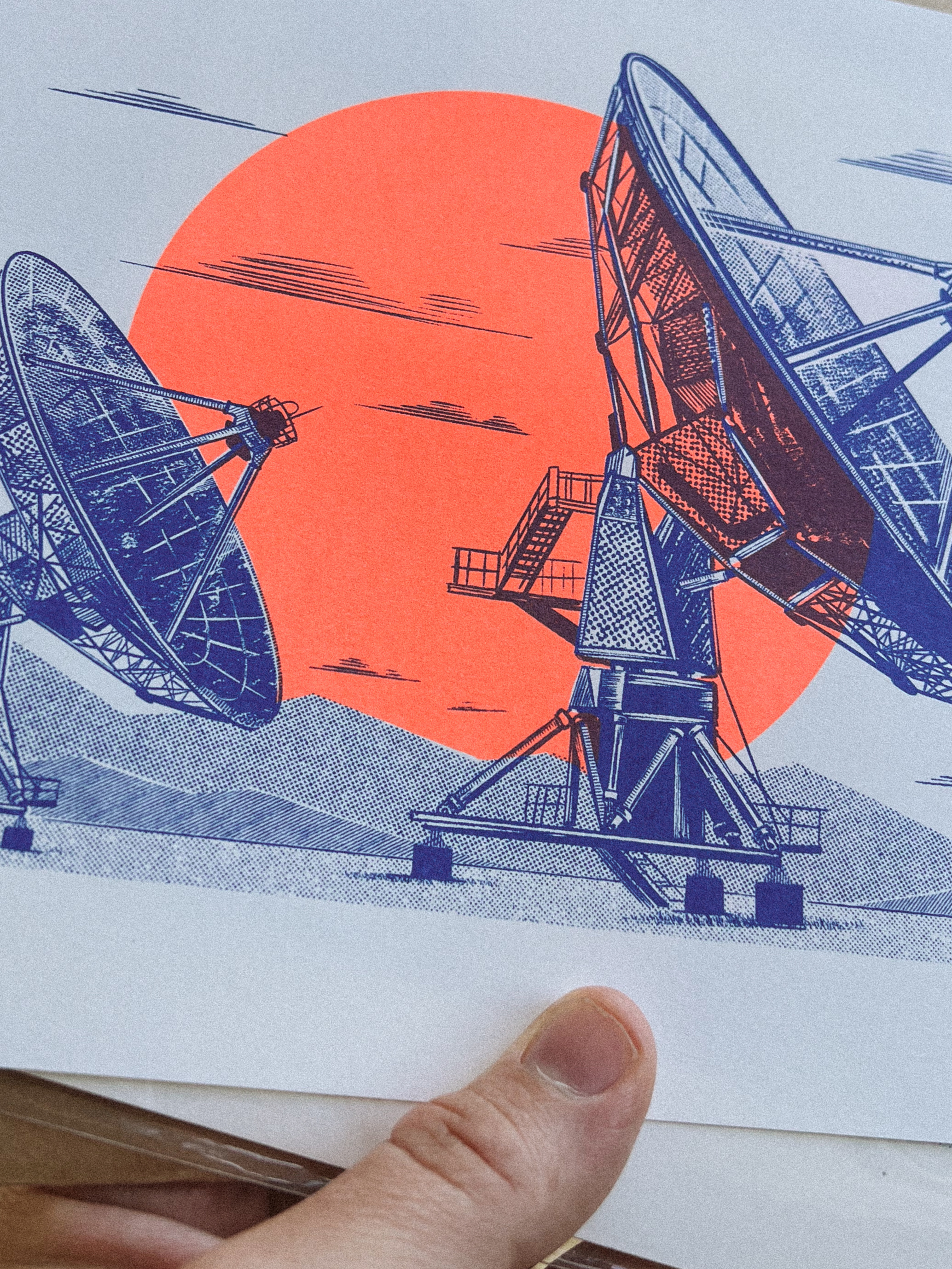 Risos! amsterdam bird dish dutch fish herring illustration netherlands poster print printmaking retro riso risograph satellite space telescope vintage