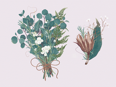 Rustic Botanical Pair artwork botanical bouquet boutonniere card delicate design elegant eucalyptus fern green greenery hand drawn illustration packaging rustic snowberry texture watercolor wedding invitation