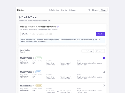Track & Trace Page cargo shipment tracking web