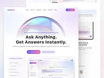 Ultima AI Landingpage | Your Smart Chat Partner ai assistant aidedesign aiuxmagic branding chatai colorfului fromideatoui futuredesign futureofdesign landingpage nextgenai nextgenui productivitytools smartsimplicity uidelight uiux userexperience userinterface uz voice chat