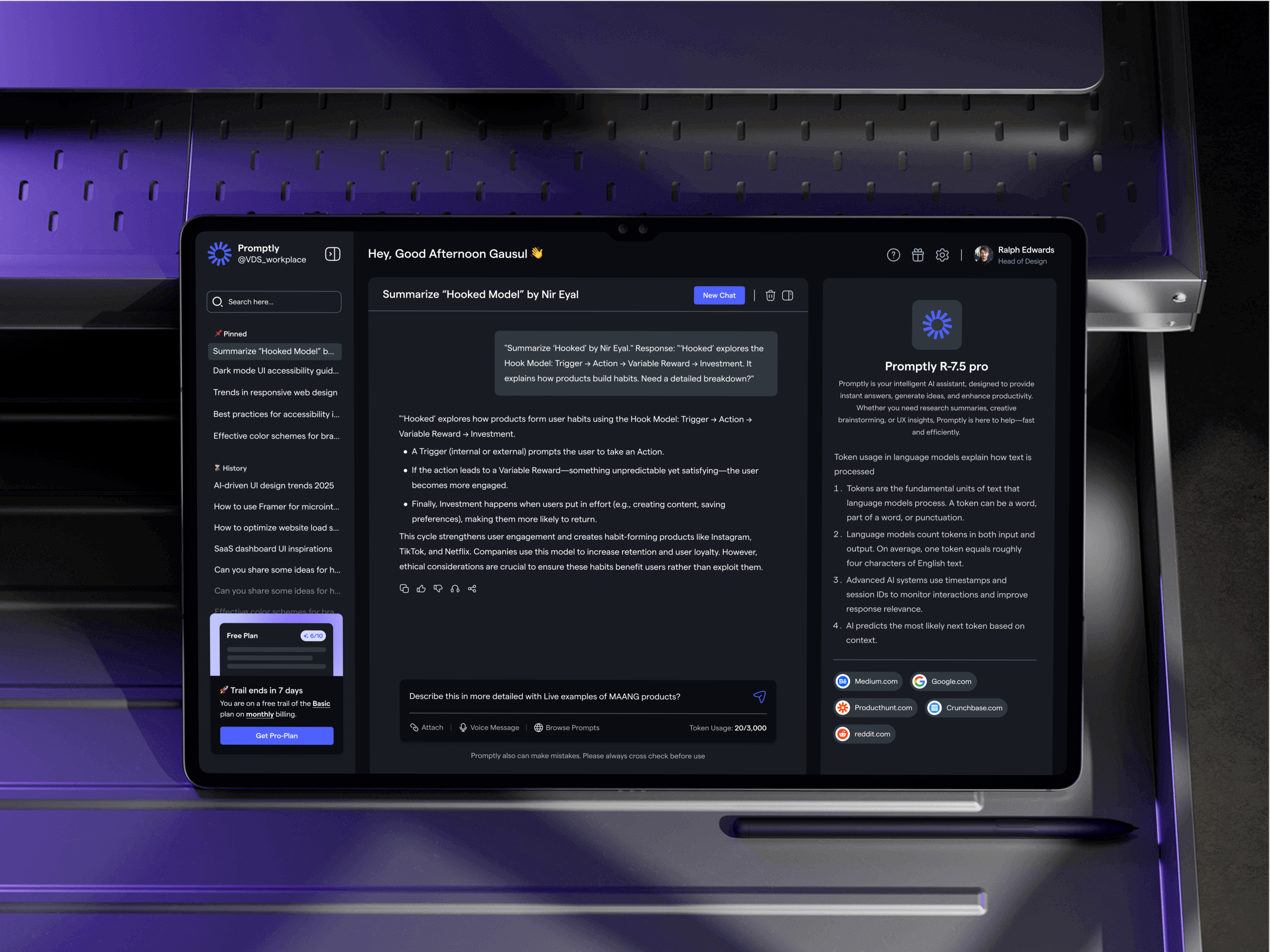 Promptly - AI-Powered Chatbot UI Design (Dark Mode) agent design ai agnet ai chat ai chatbot ai dashboard ai design ax chat ai chat dashboard chatbot dashboard dashboard design gausul haque nasif ui design ui designer