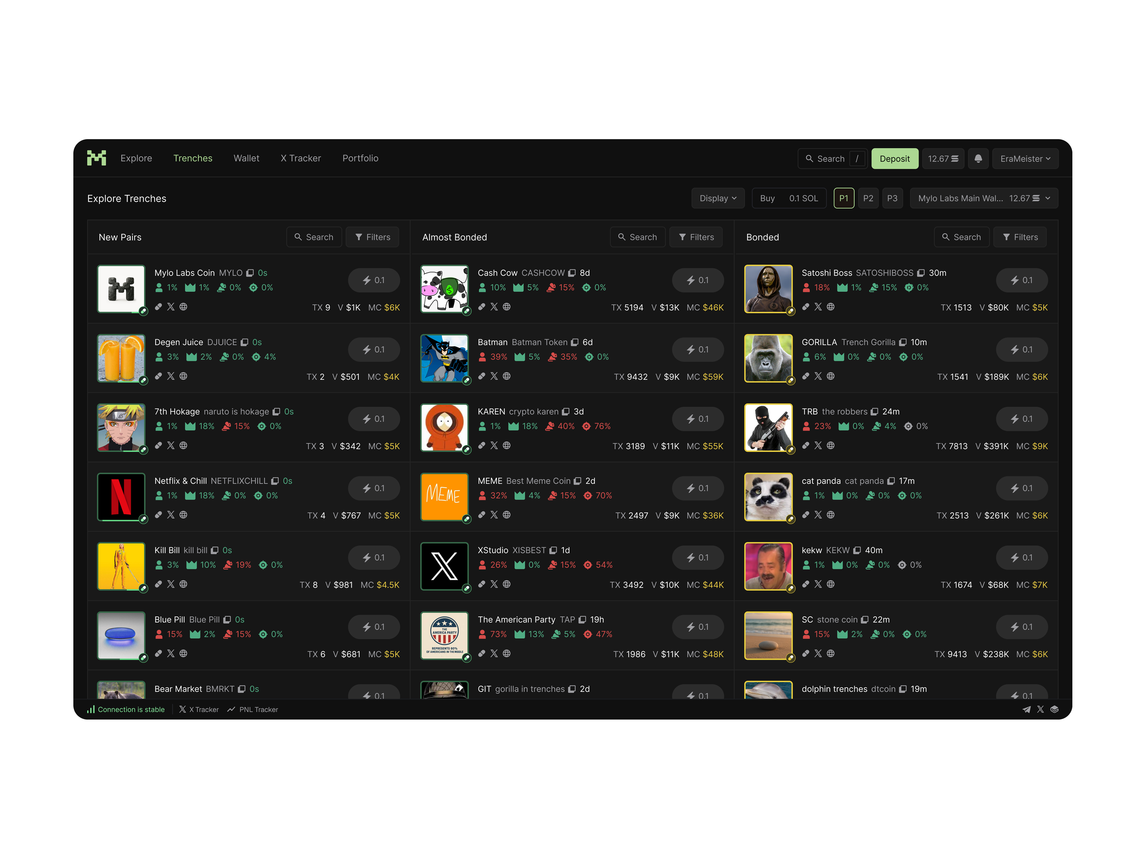 Example of Meme Coin Trading Interface - DEX Trenches View