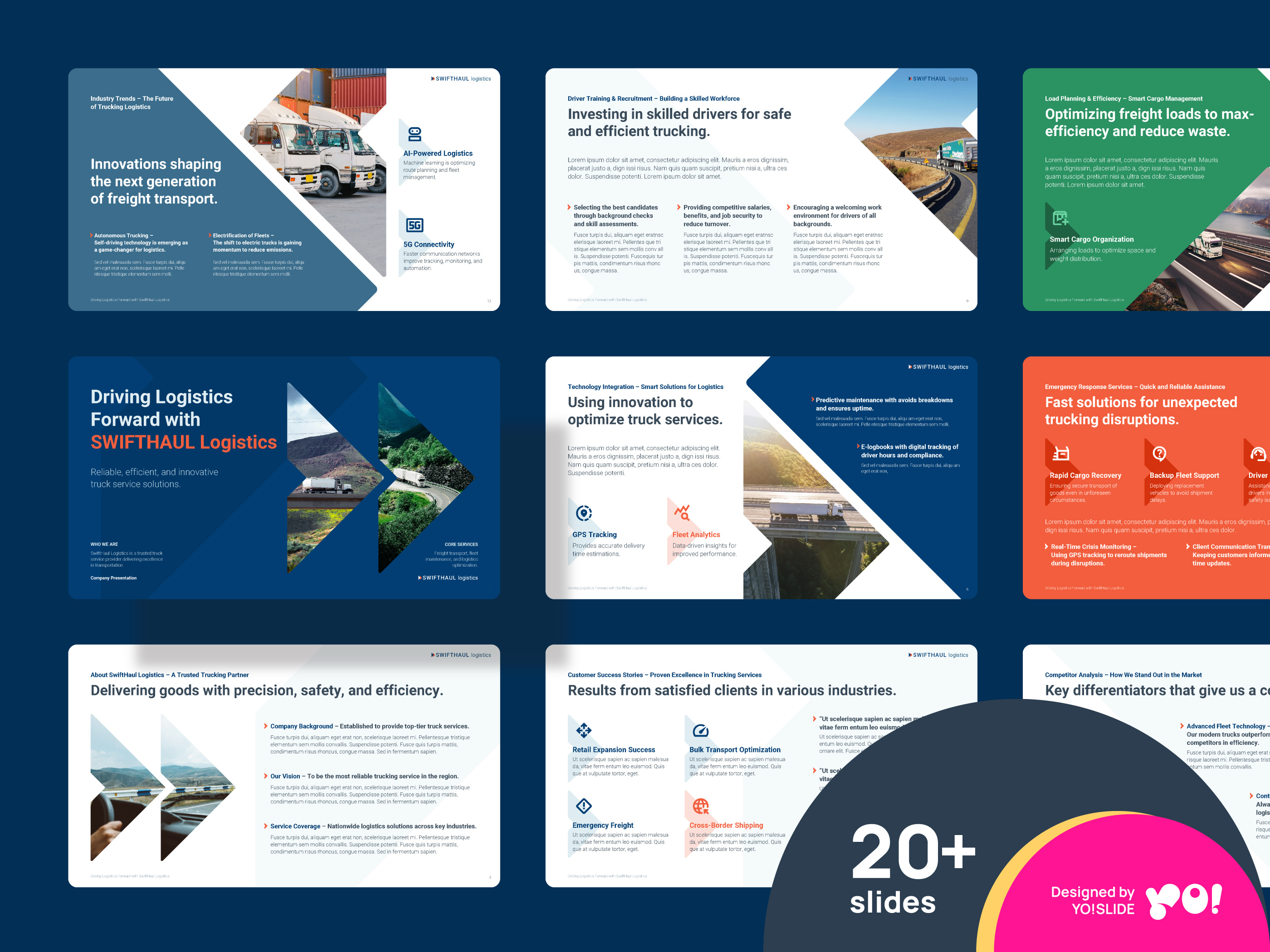 SWIFTHAUL Logistics Presentation PowerPoint Template arrow delivery green logistic logistics pitch deck powerpoint powerpoint design powerpoint template ppt ppt template pptx presentation presentation template rhombus template transport transportation truck trucking