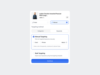 SKU Targeting Section ads dashboard ecommerce manualtargeting productdesign promotion retail shopping sku tags targeting ui uikits webdesign