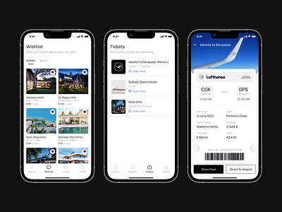 Smart Travel App UI – Wishlist, Tickets & Boarding Pass ai design designer figma design figmaai ios app tickets travel design ui uidesign ux uxui