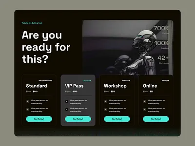 Pricing Tables Website Section add to cart black comparison tables dark dark design data design ecommerce female robot futuristic online pass pricing pricing table robot template ticket ticket booking vip pass web web design website