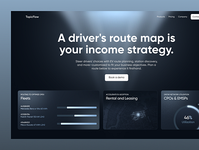 EV Route Planning Software Web Design car cars charging dark mode driver drivers electric car electric cars electric vehicle ev glow gps hero landing page map maps route tesla web design website