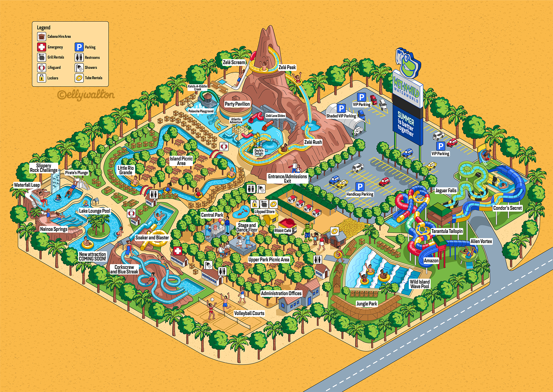 Wet 'N Wild Water Park Texas: Illustrated Visitor Map cartography cartoon map illustration isometric map map map illustration theme park map tourist map vector map visitor map water park map wet n wild map