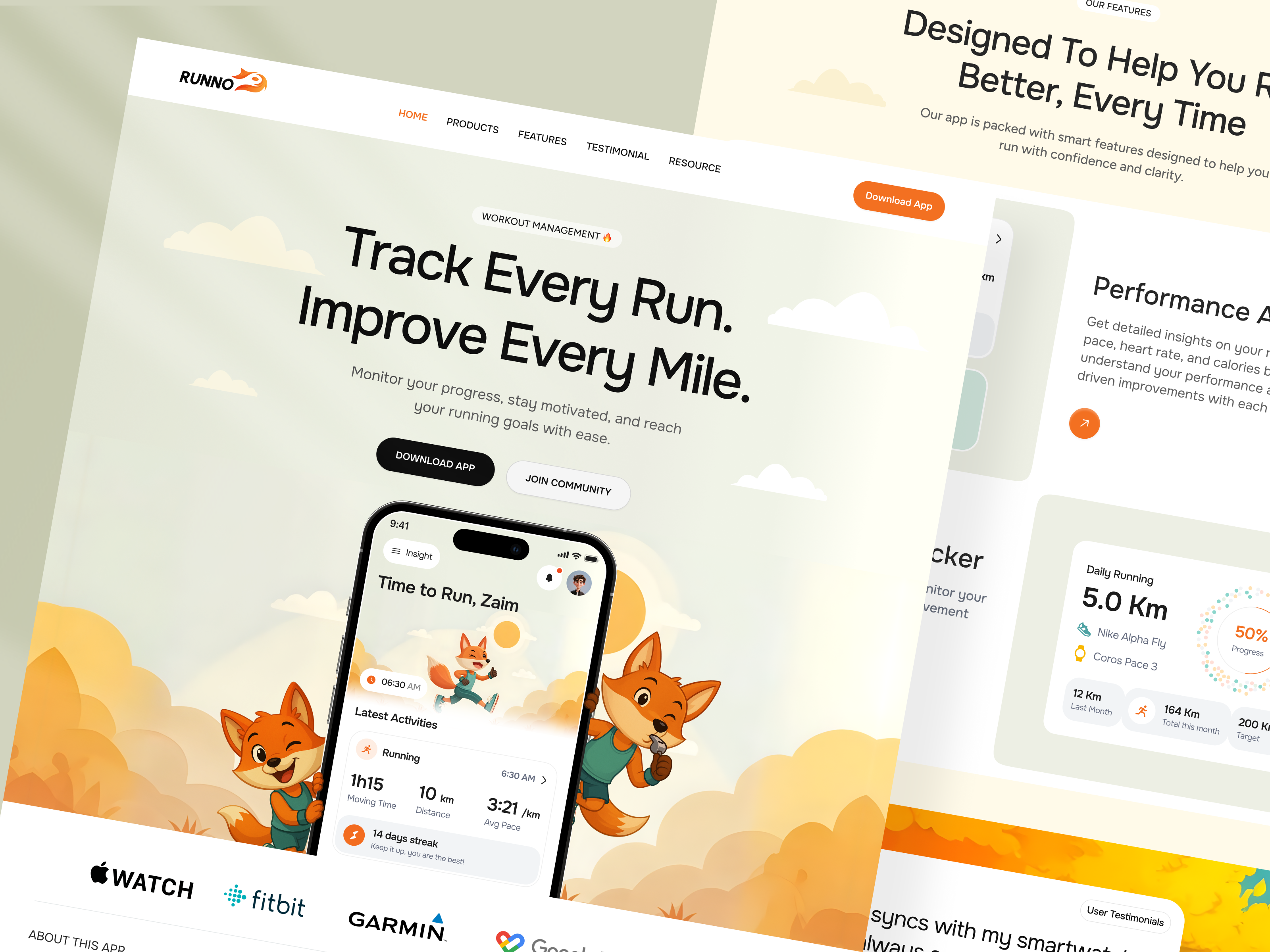 Runno - Run Tracker Landing Page activity tracker calories exercise health platform health progress health tracker landing page marathon mascot character nike running run distance run illustration run monitor run tracker sport landing page strava tracking wellness workout workout tracker
