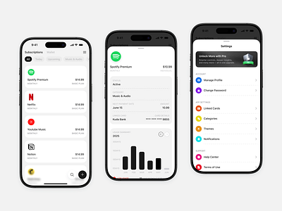 Subscription Manager App app design app interface best ui chart credit card manage mobile app design mobile app ui popular settings stat statistics sub subscription ui design ui ux