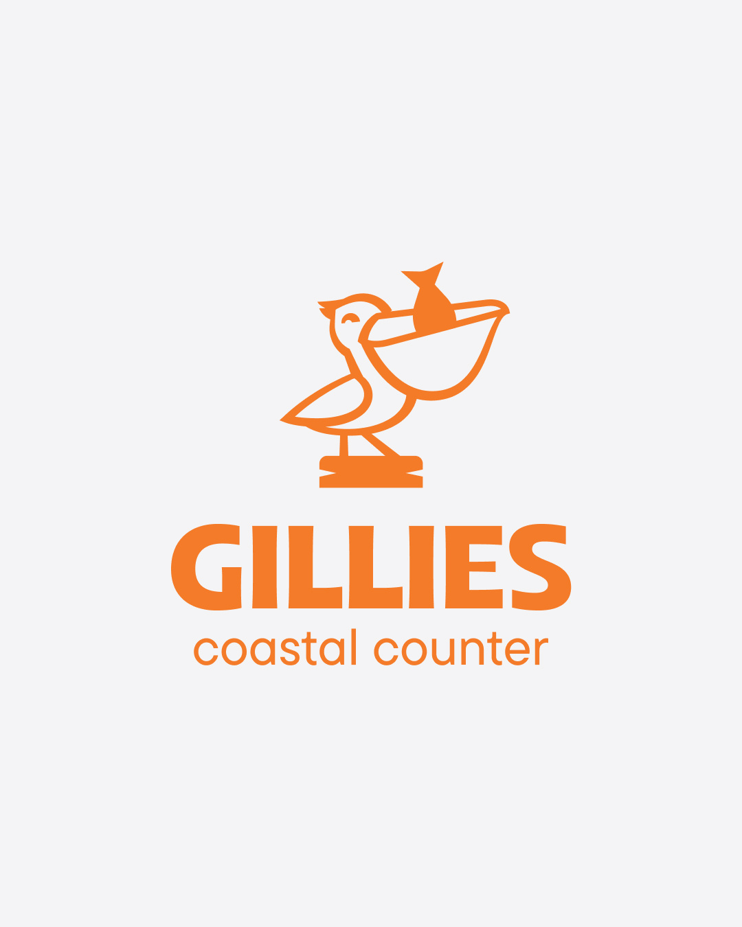 Gillies Coastal Counter Final Branding brand brand assets branding coast coastal design fish food food packaging graphic design illustration logo orange packaging packaging design pelican vector