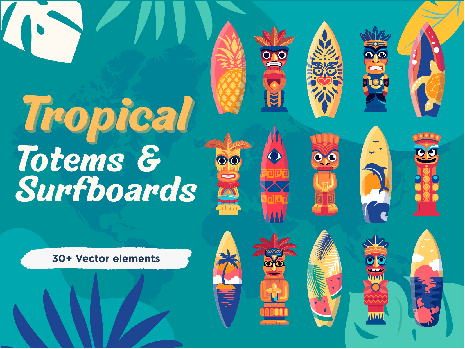 Tropical Set - Totems & Surfboards branding cartoon character design elements flat graphic design illustration logo summer surfboards totems tropical ui vector