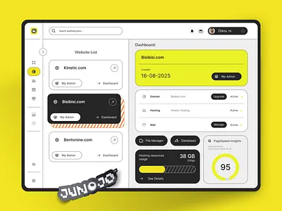 Junojo - Domains. Hosting. Control. (CRM Interface) bento grid branding business cartoon casual crm dashboard domain hosting orange playful saas server street style ui ux user interface website y2k yellow youth