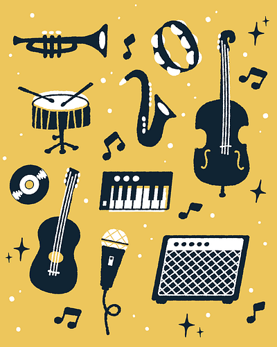 Instrument Illustrations drum guitar hand drawn illustration instruments keyboard microphone mightymoss music saxophone synth trumpet