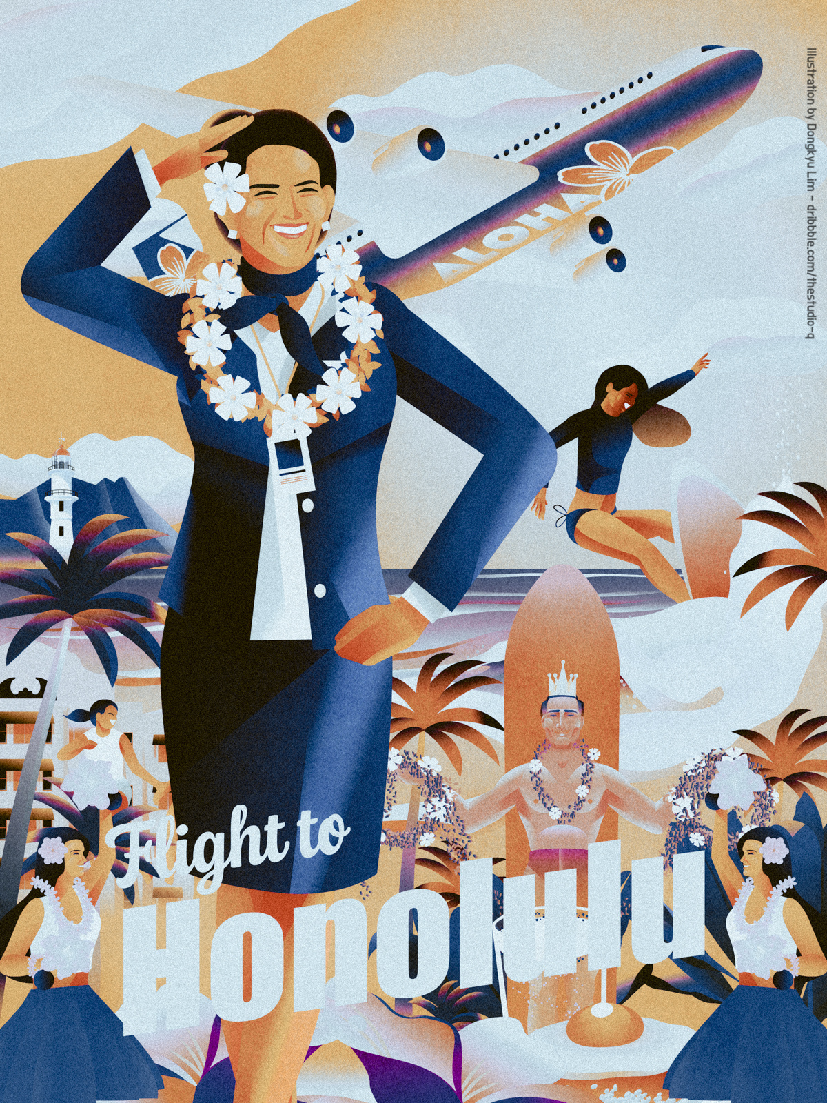 Flight to Honolulu! hawaii honolulu illustration poster travel vintage