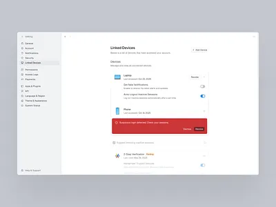 Account Dashboard UI – Manage Linked Devices & Sessions 2 step verifications account security alert message button component checkbox component clean dashboard ui design system device management figma laptop security dashboard session management sidebar ui toggle switch ui ux web app ui web dashboard web design