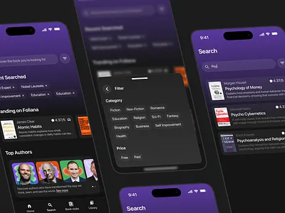 Foliana – Book Club Social App [Search Page] audio book book store dark mode dark mode app e book e library ebook ebook app ebook reader ebook search filter mobile mobile app mobile concept online book product design read reading search social app