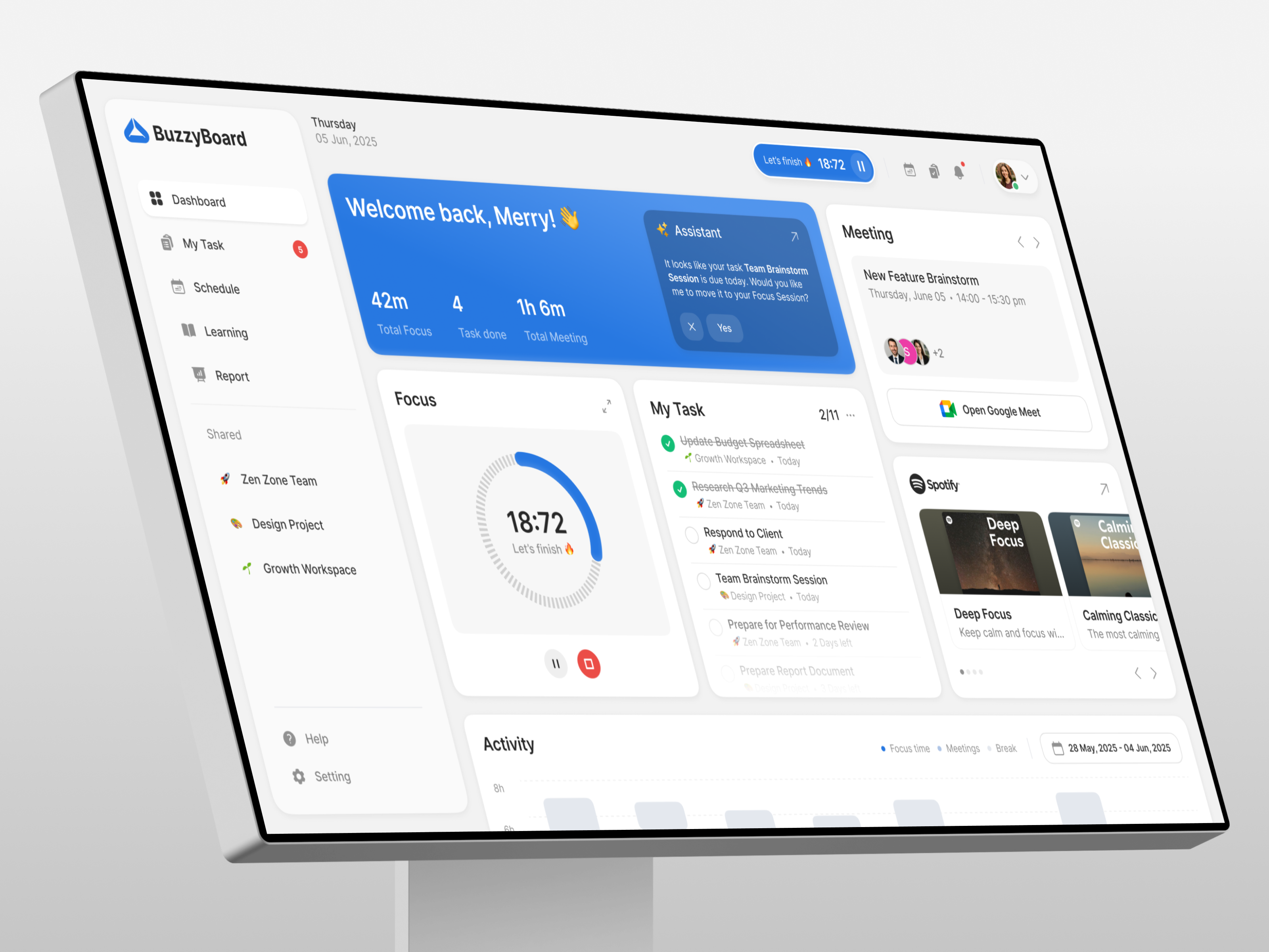 BuzzyBoard - Dashboard Productivity analytics chart clean dashboard dashboard productivity design figma framer manage task product design productivity progress monitoring progress task saas task dashboard task manager timer todoist ui webflow