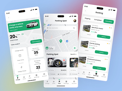Car Parking Mobile App - UI/UX Design bus car app car parking app driving find parking green iosapp maps mobile app nearby park park parking parking app parking area parking services route space parking truck van vehicle