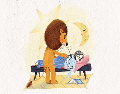 friends bedroom book book illustration cartoon character children book dream fantasy girl illustration lion moon night retro star style texture vector