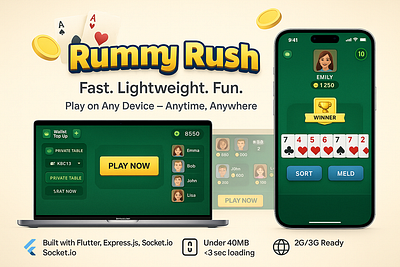 Rummy Rush- Premium Multiplayer UI on Desktop & Mobile design graphic design rummy game rummy game development ui ux