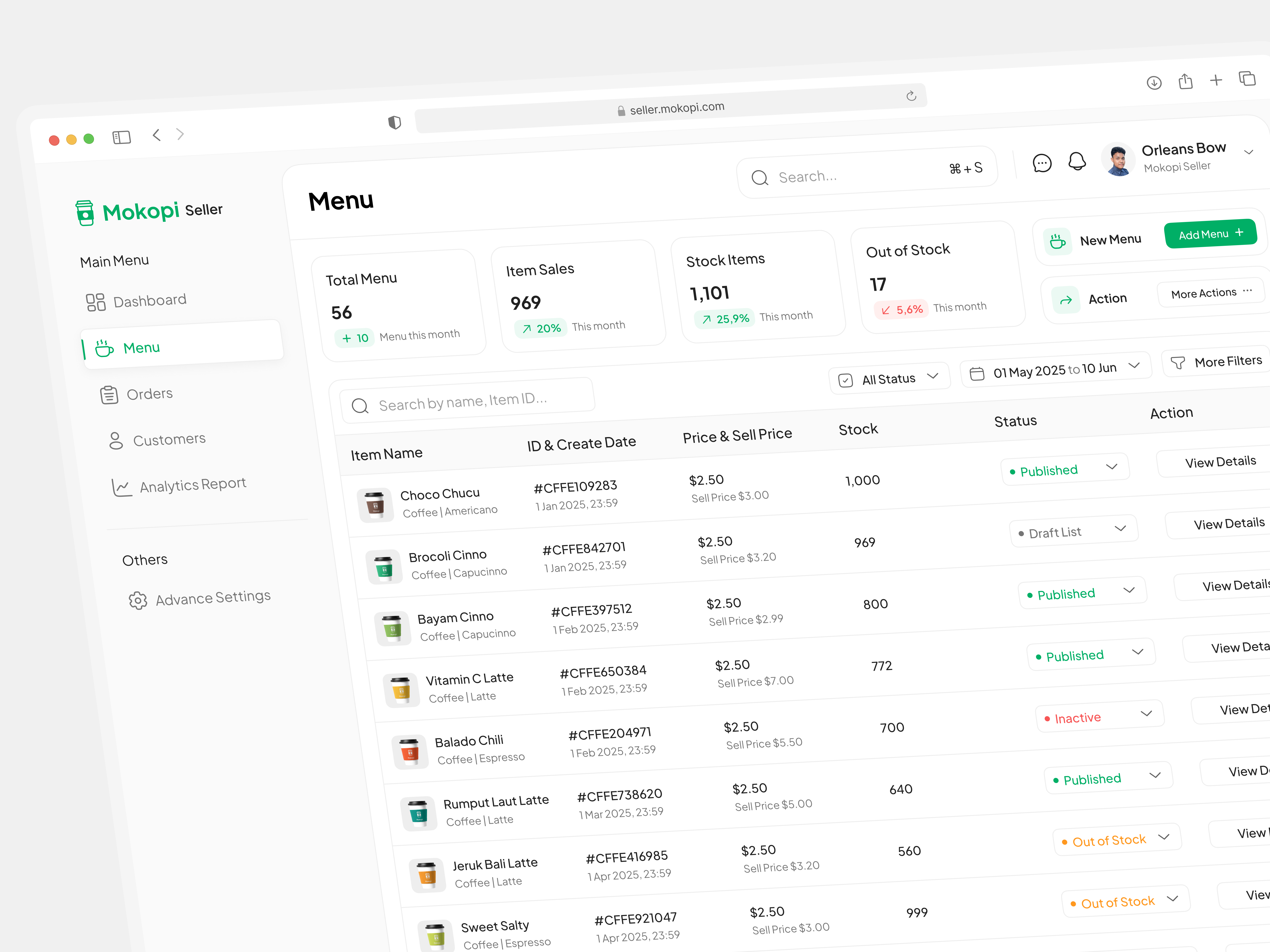 Mokopi - Seller Dashboard | Menu Page 🧃 admin dashboard seller ai agent web b2b web blockchain wall branding brand identity clean minimalist coffee store copilot automation e commerce online store mockup organize card list sort product design product list saas website social hub status filter activity ui8 ui kit full flow web3 web2 web1