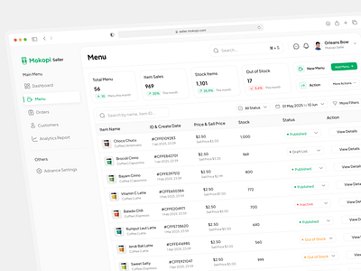 Mokopi - Seller Dashboard | Menu Page 🧃 admin dashboard seller ai agent web b2b web blockchain wall branding brand identity clean minimalist coffee store copilot automation e commerce online store mockup organize card list sort product design product list saas website social hub status filter activity ui8 ui kit full flow web3 web2 web1