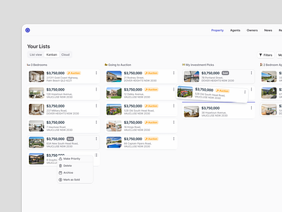 Real Estate Platform cards clean design filter home interface kanban list manage minimal producy property real estate saas search segment ui ui design ux ux design