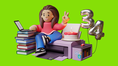 34th bday 3d b3d bday birthday book cake character design girl illustration laptop print render sticker web