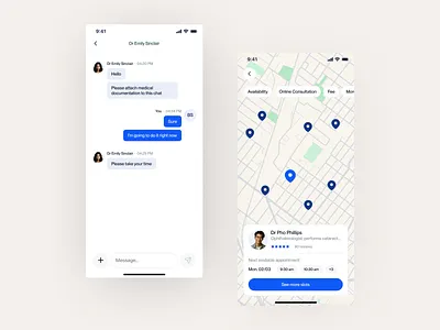 HealHub - Chat & Map Finder app blue chat conversation design finder heal health hub ios map medic pin purple search ui