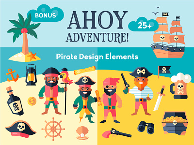 Pirate Adventure Design Set adventure branding cartoon character design elements flat graphic design illustration kids ocean party pirates posters sea ui vector