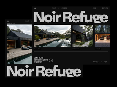 Architecture website concept - Noir Refuge project page architecture bold design bold typography dark design editorial design editorial layout freelancer interior minimalism modern project page typography ui ui design uiux website design