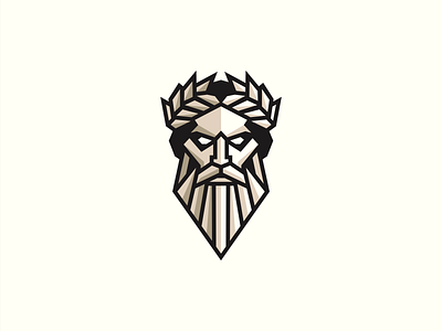 Geometric And Powerful God Logo ancient beard branding design emblem face geometric god greek icon identity illustration laurel logo man mark mythology symbol vector zeus