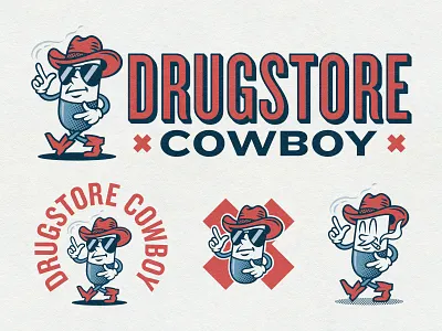 Drugstore Cowboy americana badge design branding chill cowboy dude graphic design halftone logo logo design logo set pharmacy pill pill mascot punk rock responsive logo design retro logo retro logo design retro mascot smoking