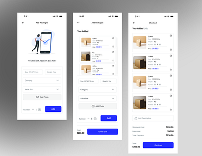 Package Delivery App – Add & Checkout Flow🎯 designflow dribbbleshots mobileapp shippingapp uidesign uxdesign