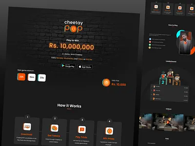 Cheetay POP: Gamified Trivia Experience! dark ui figma game gameified gamification host illustration landing page live money pakistan play to win pop prize question quiz trivia ui ux website