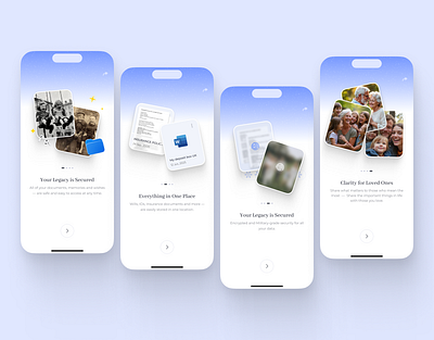 Your Digital Legacy Secured | Onboarding Screens appdesign cleanui datasecurity digitallegacy familymanagement fintech iosapp legacyapp memorypreservation minimaldesign mobileapp onboarding ppscreens productdesign securityapp startup uidesign uiux userexperience userinterface
