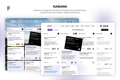 Kabana is a dual-theme task management tool. branding concept design creative template dashboard design digital planner download forms free illustration kit liquid glass navigation productivity project management service task management ui web