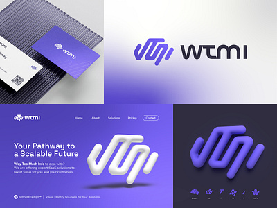WTMI SaaS Logo and Brand Design brain business card gradient homepage landing page lettermark maze mind modern monogram path purple route saas service software too much info w web wtmi