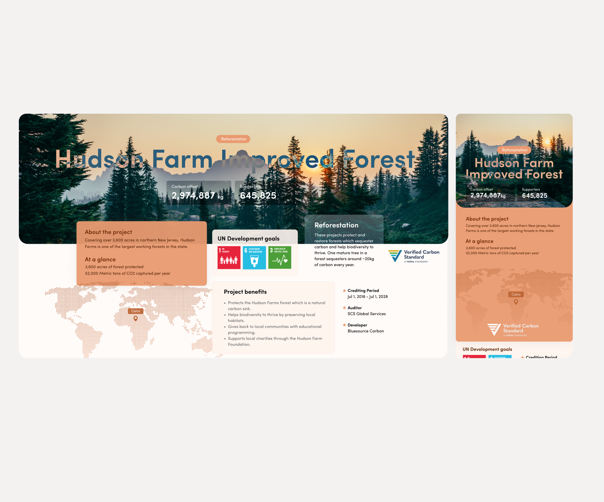 Carbon project detail page carbon offset carbon projects offset project project details project supports reforestation suatainability ui design un sustainability goals visual design